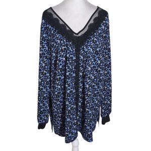 Belle By Kim Gravel Blue and Black Floral V-Neck Long Sleeve Top Size 2X
